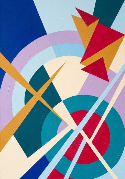 Acrylic Abstract Art, Blue, Yellow, Red Colors, Original Geometric Pattern Abstract Art for Mid-Century Contemporary Living Room