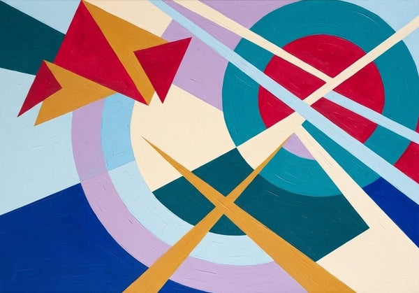 Acrylic Abstract Art, Blue, Yellow, Red Colors, Original Geometric Pattern Abstract Art for Mid-Century Contemporary Living Room