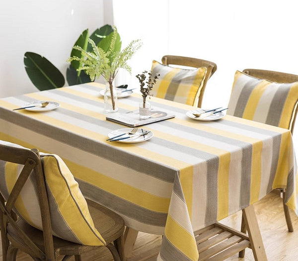 Yellow Stripe Cotton and Linen Tablecloths, Rectangular Tablecloth for Oval Table, Kitchen Rectangular Table Covers, Modern Table Cloths for Dining Room-ArtWorkCrafts.com