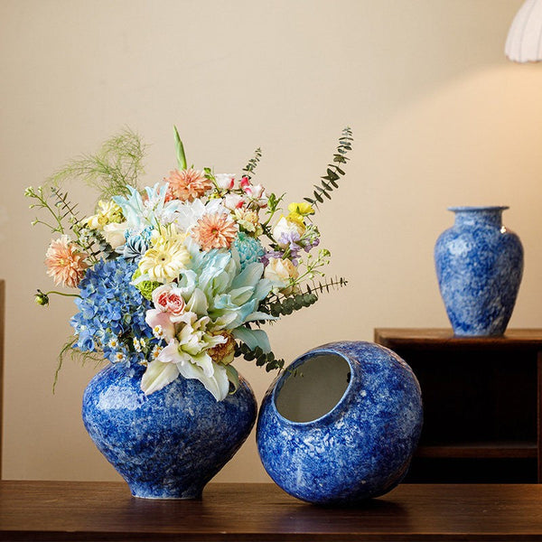 Handmade Water Holding Flower Vases, Centerpiece on Dining Table, Blue Pottery Bud Vases, Large Flower Vases on Table, Modern Pottery Flower Vases-ArtWorkCrafts.com