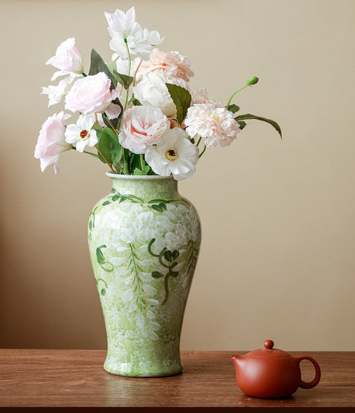 Centerpiece Ceramic Bud Vases, Large Flower Vases on Table, Green Porcelain Flower Vases, Handmade Water Holding Flower Vase-ArtWorkCrafts.com