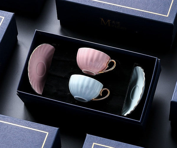 Elegant Macaroon Ceramic Coffee Cups, Beautiful British Tea Cups, Creative Porcelain Tea Cup Saucer Set of 2 Cups, 6.8 oz Tea Cup and Saucer in Gift Box as Birthday Gift-ArtWorkCrafts.com