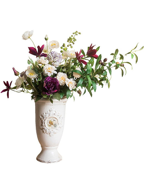 Clematis, Olive Branch, Sweet Alyssum, Corn poppy, Cranberry, Iceberg Rose Flowers, Unique Flower Arrangement for Home Decoration, Beautiful Artificial Flowers for Living Room-ArtWorkCrafts.com