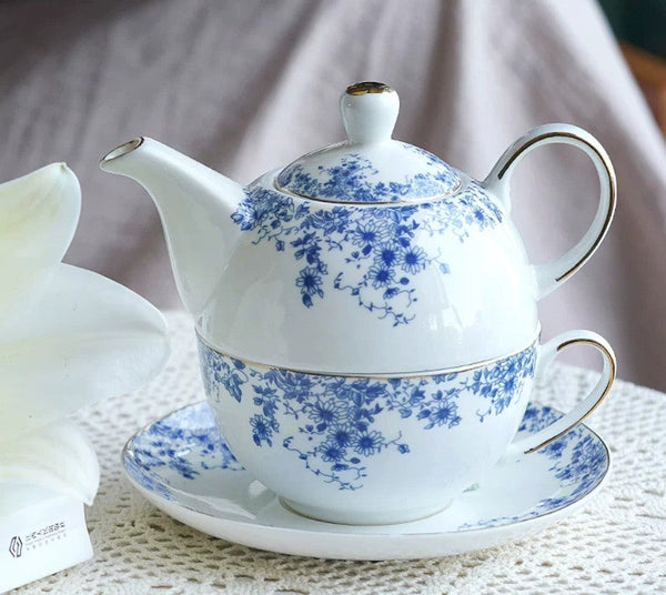 Mother and Baby Teapot with Matching Saucer British Style Porcelain Teapot with Matching Cup and Saucer in Gift Box, Ceramic Tea Pot with Integrated Cup, Stackable Teapot and Cup Set-ArtWorkCrafts.com