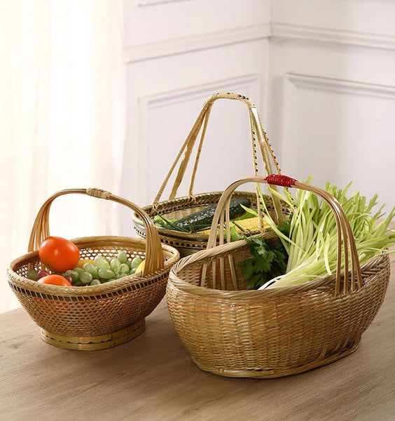 Natural Hand-woven Bamboo Basket, Extra Large Picnic Food Basket with Handle, Lovely Bamboo Baskets for Vegetable, Natural Fruit Basket Kitchen Storage Baskets-ArtWorkCrafts.com