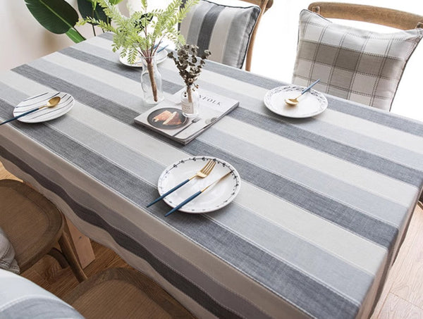 Gray Stripe Rectangular Tablecloth for Oval Table, Rectangular Table Covers for Coffee Table, Modern Table Cloths for Dining Room, Cotton and Linen Tablecloths-ArtWorkCrafts.com