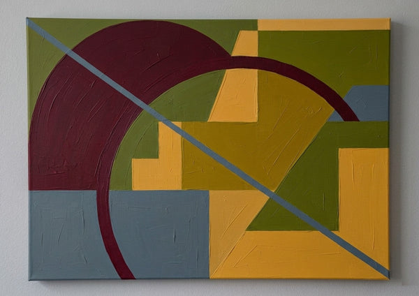 Mustard Yellow, Olive Green, Burgundy Red Colors, Geometric Pattern Contemporary Art for Mid-Century Modern Decor
