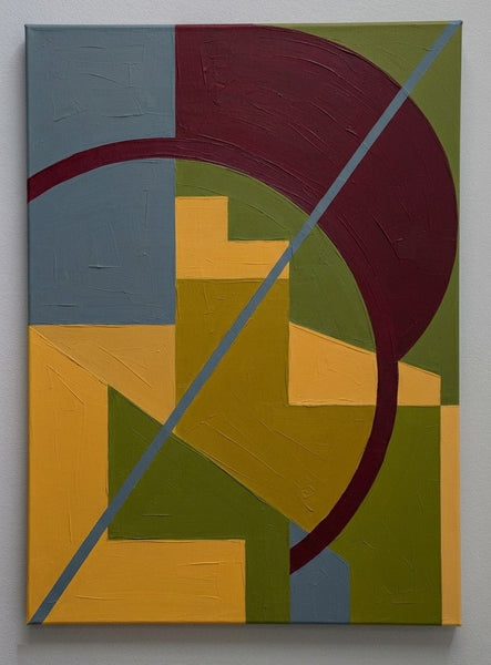 Mustard Yellow, Olive Green, Burgundy Red Colors, Geometric Pattern Contemporary Art for Mid-Century Modern Decor