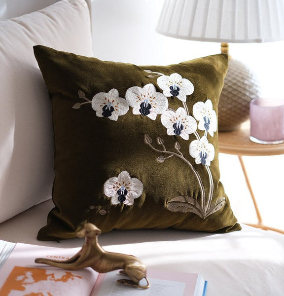 Large Decorative Pillows for Couch, Dark Olive Green Embroidered Moth Orchid Cushion, Decorative Pillow Arrangement Ideas for Couch, Living Room Decorative Pillows, Modern Throw Pillows for Bedroom-ArtWorkCrafts.com