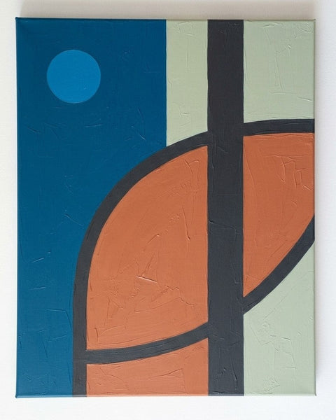 Prussian Blue, Terracotta, Sage Green Colors, Geometric Pattern Abstract Wall Art for Mid-Century Contemporary Living Room