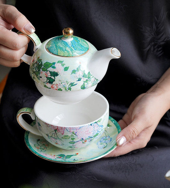 Vintage Style Stackable Tea Pot Set, English Style Tea Pot and Cup Set, Ceramic Tea Pot with Integrated Cup, Mother-and-Baby Teapot with Matching Saucer-ArtWorkCrafts.com