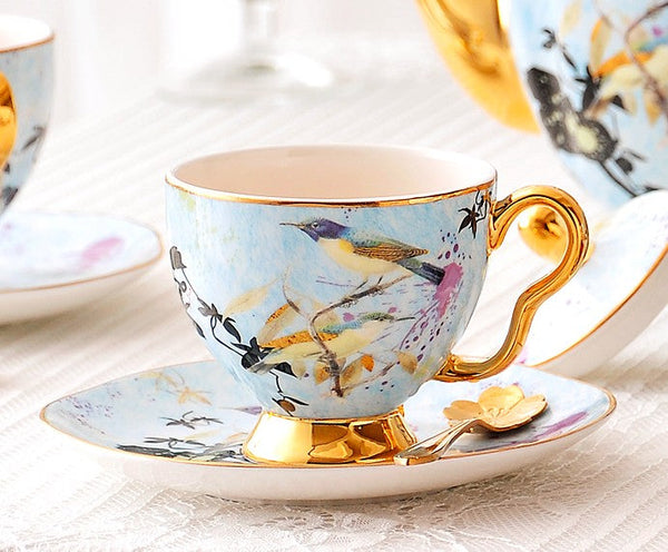 Unique Bird Flower Tea Cups and Saucers in Gift Box as Birthday Gift, Elegant Ceramic Coffee Cups, Afternoon British Tea Cups, Royal Bone China Porcelain Tea Cup Set-ArtWorkCrafts.com