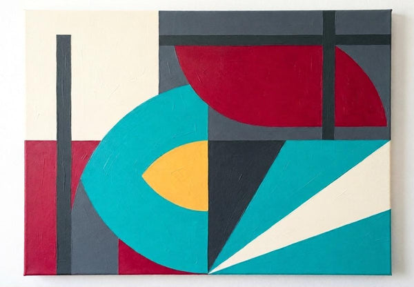 Large Modern Wall Art, Yellow, Dark Red, Dark Gray Colors, Geometric Pattern Abstract Art for Mid-Century Contemporary Living Room