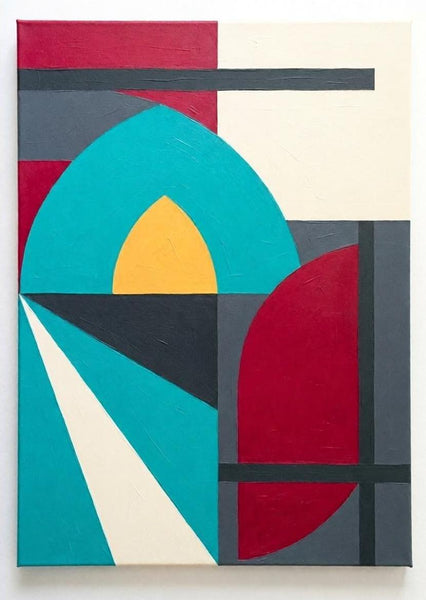 Large Modern Wall Art, Yellow, Dark Red, Dark Gray Colors, Geometric Pattern Abstract Art for Mid-Century Contemporary Living Room