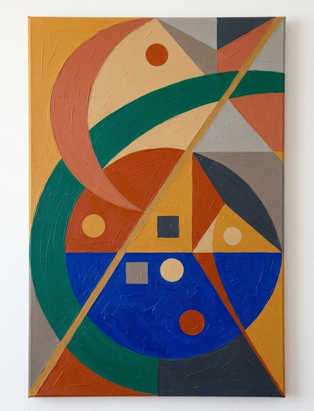 Oversized Modern Canvas Wall Art, Royal Blue, Mustard Yellow, Emerald Green Colors, Geometric Pattern Modern Artwork