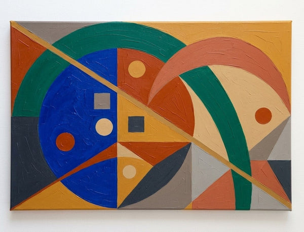 Huge Abstract Paintings, Oversized Modern Canvas Wall Art, Royal Blue, Mustard Yellow, Emerald Green Colors, Geometric Pattern Modern Artwork