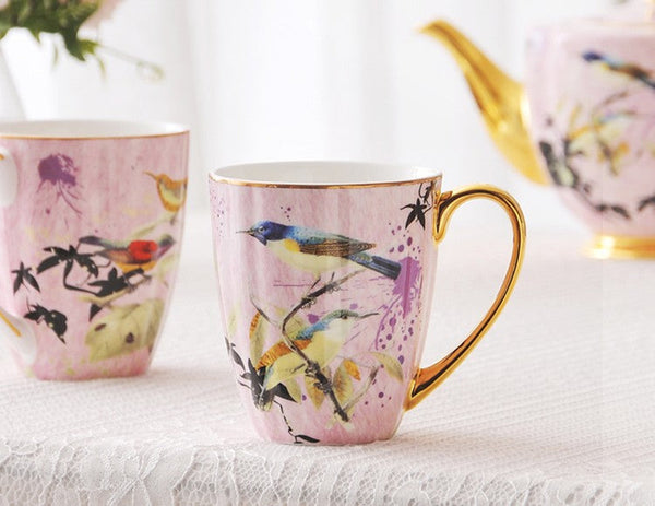 Elegant Pink Ceramic Coffee Mug, Beautiful Bird Flower Ceramic Mug, Large Creative Bone China Porcelain Mug, Large Capacity Ceramic Mugs for Office-ArtWorkCrafts.com