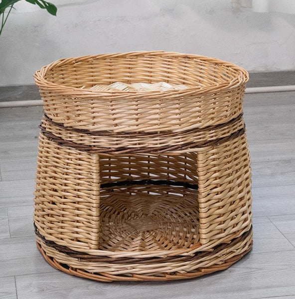 Large Double-Layer Cat Bed, Wicker Cat House Basket with Washable Cushion for Indoor Cats and Dogs-ArtWorkCrafts.com