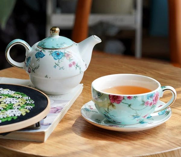 Porcelain Teapot with Matching Cup and Saucer in Gift Box, Stackable Teapot and Cup Set, Ceramic Tea Pot with Integrated Cup, Mother and Baby Teapot with Matching Saucer-ArtWorkCrafts.com