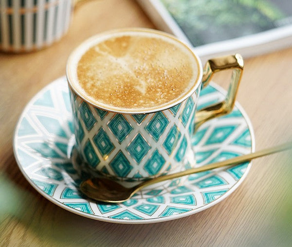 Afternoon Green British Tea Cups, Unique Ceramic Coffee Cups, Creative Bone China Porcelain Tea Cup Set, Traditional English Tea Cups and Saucers-ArtWorkCrafts.com