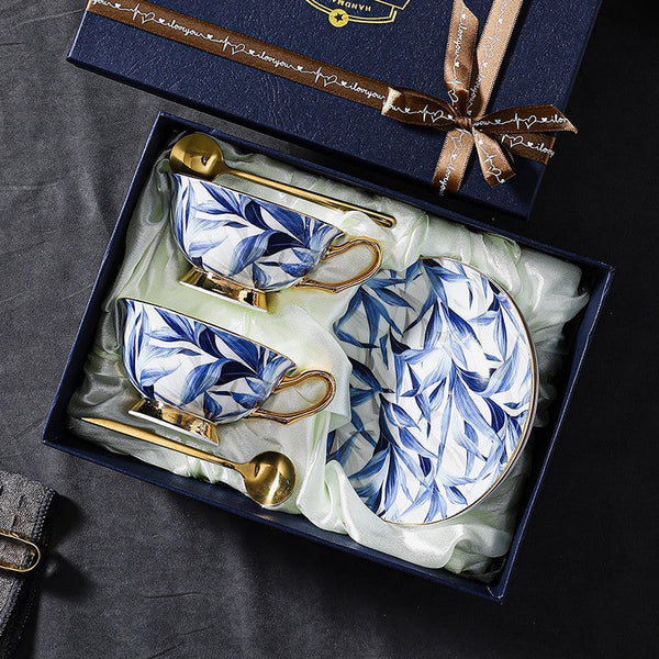 Unique British Tea Cup and Saucer in Gift Box, Blue Porcelain Tea Cup Saucer Set, 7.4 oz British Ceramic Coffee Cups-ArtWorkCrafts.com