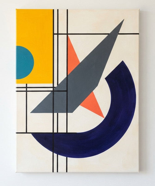 Contemporary Abstract Artwork, Deep Navy Blue, Mustard Yellow, Dark Gray Colors, Original Geometric Modern Paintings