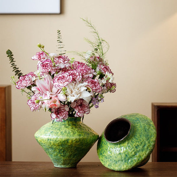 Centerpiece on Dining Table, Modern Pottery Flower Vases, Handmade Water Holding Flower Vases, Pottery Bud Vases, Large Green Flower Vases on Table-ArtWorkCrafts.com