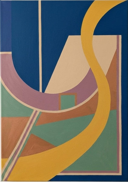 Prussian Blue, Ginger Yellow, Sage Green Colors, Geometric Pattern Abtract Art, Original Modern Canvas Paintings