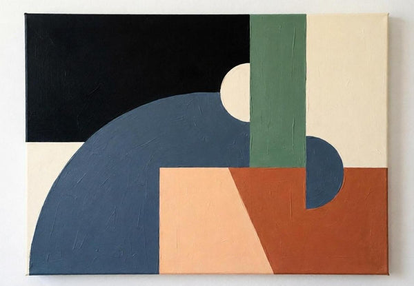 Grayish Blue, Black, Terracotta Colors, Geometric Pattern Contemporary Art for Bauhaus Modern Decor