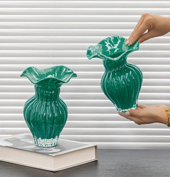 Contemporary Vases for Modern Home Decor, Unique Handmade Liuli Vases, Color Glaze Vase, Green Glass Bud Vases, Centerpiece Vases on Table-ArtWorkCrafts.com