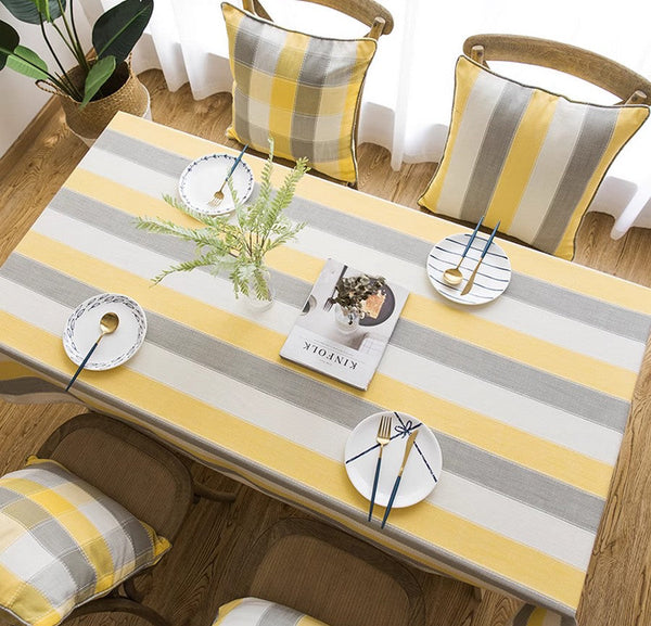 Kitchen Rectangular Table Covers, Yellow Stripe Cotton and Linen Tablecloths, Rectangular Tablecloth for Oval Table, Modern Table Cloths for Dining Room-ArtWorkCrafts.com
