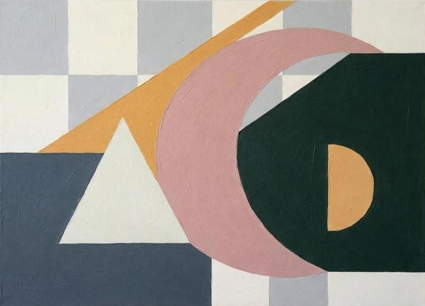 Dark Green, Grayish Blue, Dusty Pink Colors, Geometric Pattern Abstract Wall Art for Mid-Century Contemporary Living Room