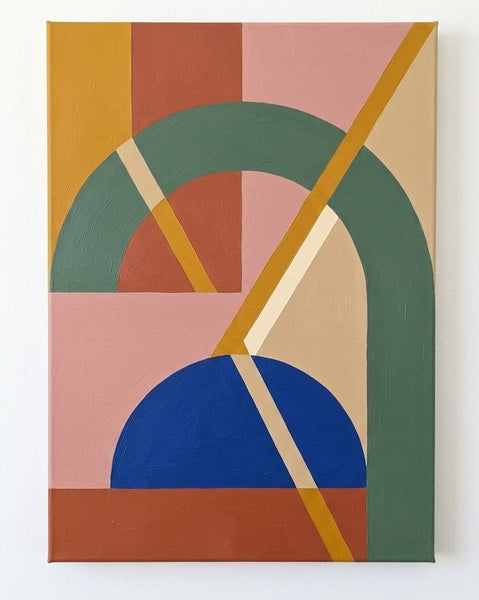 Large Geometric Pattern Abtract Art for Mid Century Modern Living Room, Sage Green, Dusty Pink, Klein Blue Colors, Original Canvas Paintings