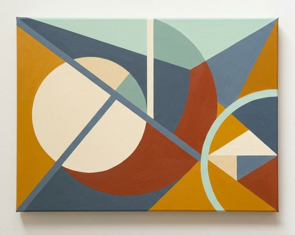 Ochre Yellow, Terracotta, Denim Blue Colors, Geometric Pattern Abtract Art for Mid Century Modern Living Room, Original Modern Canvas Paintings