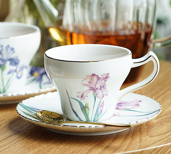 Iris Flower British Tea Cups, Beautiful Bone China Porcelain Tea Cup Set, Traditional English Tea Cups and Saucers, Unique Ceramic Coffee Cups in Gift Box-ArtWorkCrafts.com