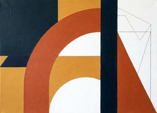 Charcoal Black, Terracotta, Ginger Yellow Colors, Geometric Pattern Abstract Wall Art for Mid-Century Contemporary Dining Room