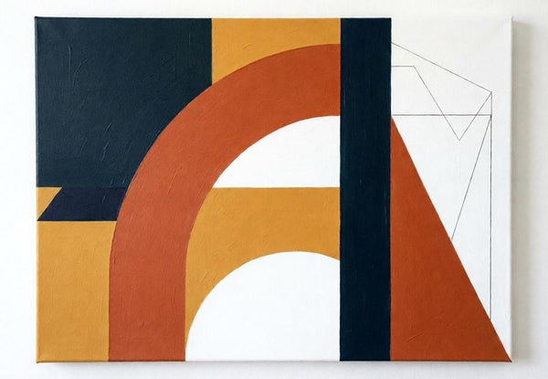 Charcoal Black, Terracotta, Ginger Yellow Colors, Geometric Pattern Abstract Wall Art for Mid-Century Contemporary Dining Room