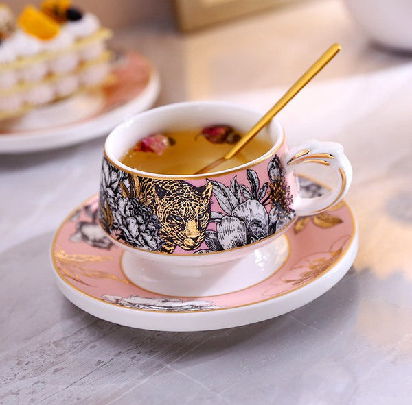 Handmade Ceramic Cups with Gold Trim and Gift Box, Jungle Tiger Cheetah Porcelain Coffee Cups, Creative Ceramic Tea Cups and Saucers-ArtWorkCrafts.com
