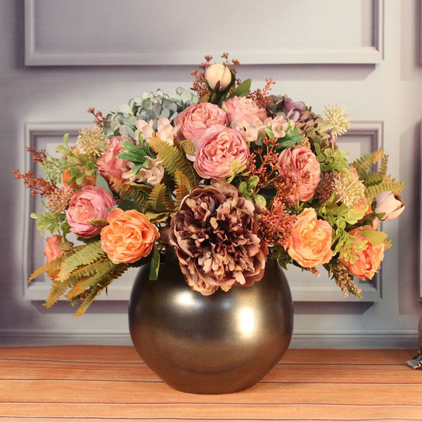 Large Bunch of Autumn Flowers Arrangement Interior Design, Unique Artificial Floral Arrangement for Dining Room, Peony Faux Silk Floral Bouquet Table Centerpiece-ArtWorkCrafts.com