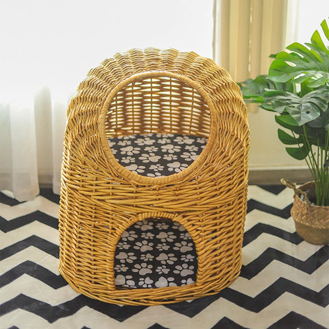 Large Double-Layer Cat Bed, Wicker Cat House Basket with Washable Cushion for Indoor Cats and Dogs-ArtWorkCrafts.com