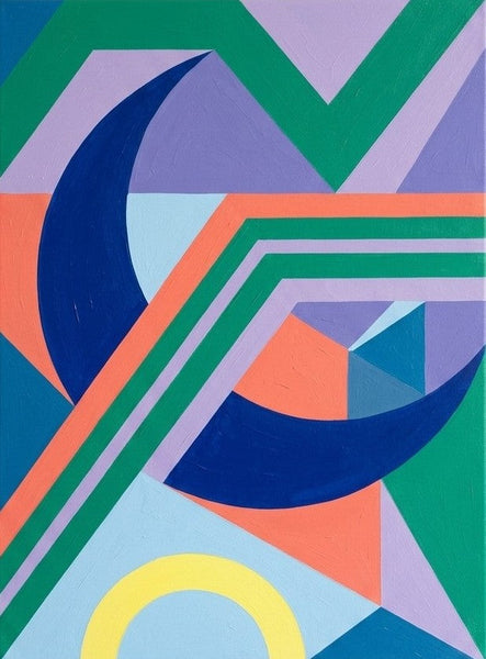 Original Abstract Paintings, Royal Blue, Light Purple, Emerald Green Colors, Geometric Pattern Contemporary Art for Bauhaus Modern Decor