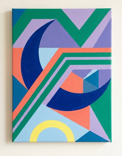 Original Abstract Paintings, Royal Blue, Light Purple, Emerald Green Colors, Geometric Pattern Contemporary Art for Bauhaus Modern Decor