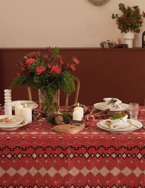 Red Christmas Holiday Tablecloth for Oval Table, Large Modern Rectangle Tablecloth for Dining Room Table, Square Table Covers for Kitchen, Farmhouse Table Cloth for Round Table-ArtWorkCrafts.com