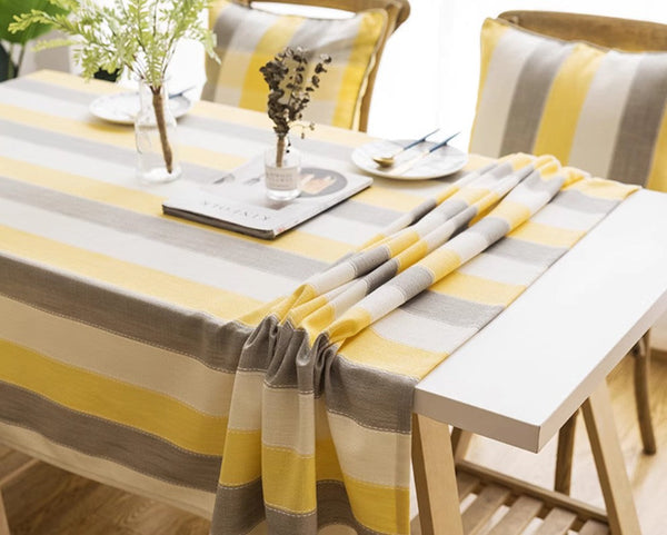 Yellow Stripe Cotton and Linen Tablecloths, Rectangular Tablecloth for Oval Table, Kitchen Rectangular Table Covers, Modern Table Cloths for Dining Room-ArtWorkCrafts.com