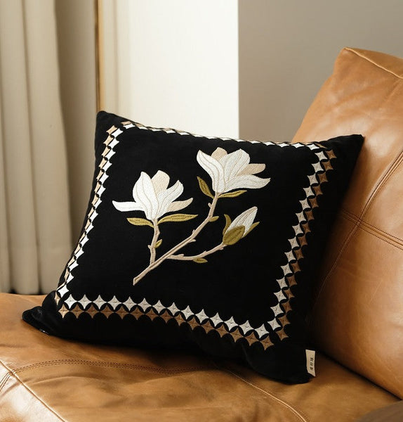 Decorative Pillow Arrangement Ideas for Couch, Magnolia Embroidered Cushion, Large Decorative Pillows for Couch, Modern Throw Pillows for Bedroom, Living Room Decorative Pillows-ArtWorkCrafts.com