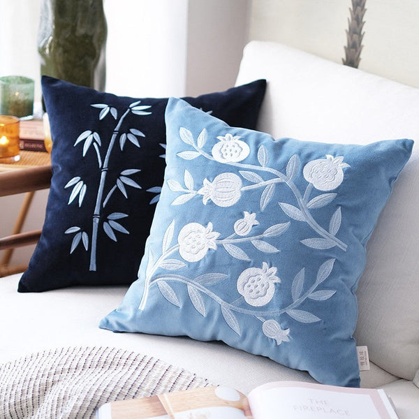 Living Room Decorative Pillows, Blue Embroidered Pomegranate Cushion, Large Decorative Pillows for Couch, Modern Throw Pillows for Bedroom, Decorative Pillow Arrangement Ideas for Couch-ArtWorkCrafts.com