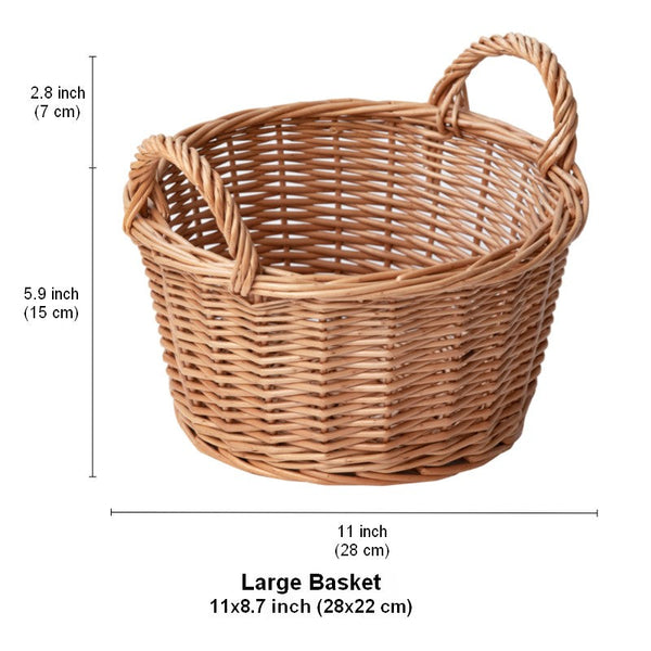 Large Picnic Fruit Basket with Handle, Natural Hand-woven Wicker Round Storage Basket, Lovely Willow Weaving Baskets for Vegetable, Natural Fruit Storage Basket, Kitchen Storage Baskets-ArtWorkCrafts.com