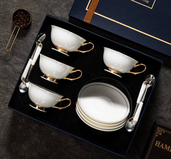 Porcelain Tea Cup Saucer Set, White Ceramic Cups, 7.8 oz British Ceramic Coffee Cups, Unique Tea Cup and Saucer in Gift Box-ArtWorkCrafts.com