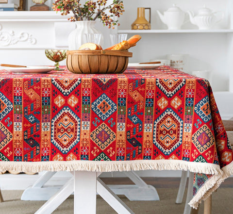 Oriental Red Rectangular Table Covers for Coffee Table, Bohemian Rectangular Tablecloth for Oval Table, Large Modern Linen Tablecloths-ArtWorkCrafts.com