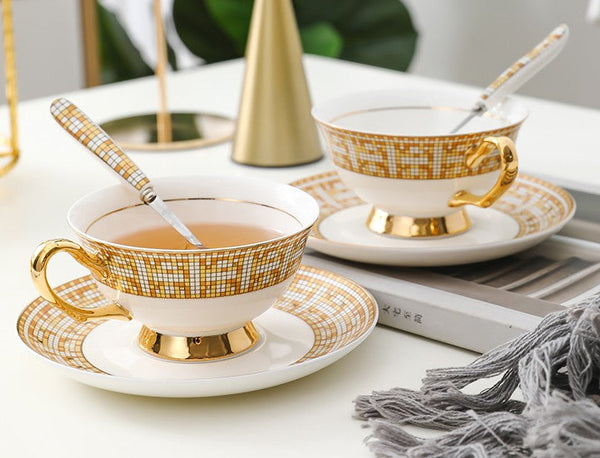 Handmade Elegant British Ceramic Coffee Cups, 6.8 oz Tea Cup and Saucer in Gift Box, Porcelain Tea Cup Set for Office, Yellow Ceramic Cups-ArtWorkCrafts.com